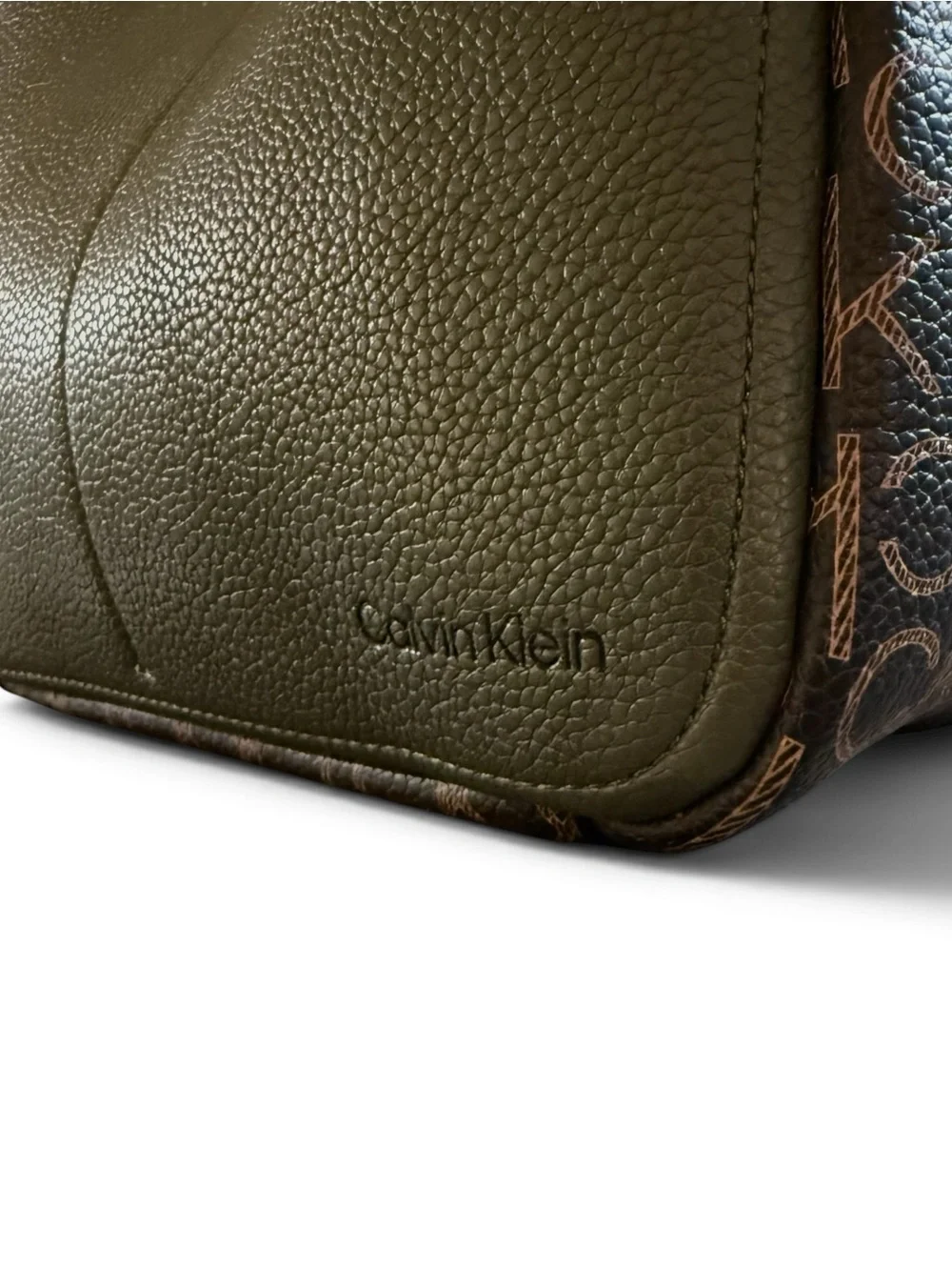 Calvin Klein Olive Green Pebbled Leather Like Shoulder Bag Monogram Trim Adjust